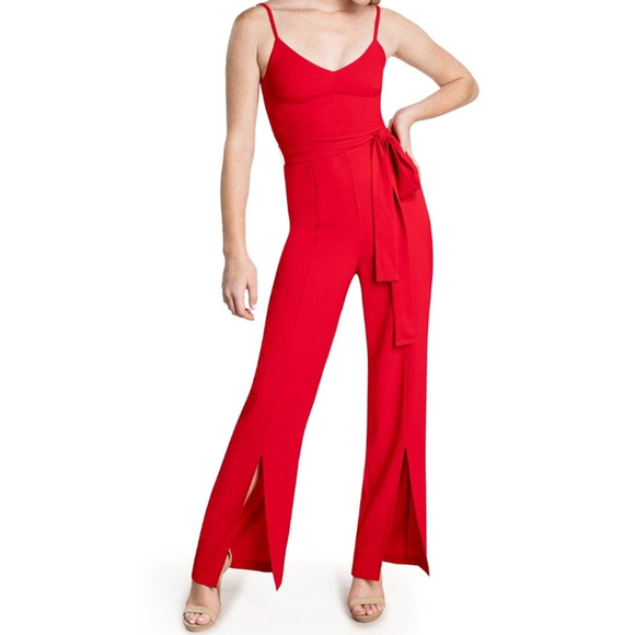 Dress the Population Red Rouge Stevie V Neck Wide Leg Belt Jumpsuit Size Medium - Picture 2 of 15